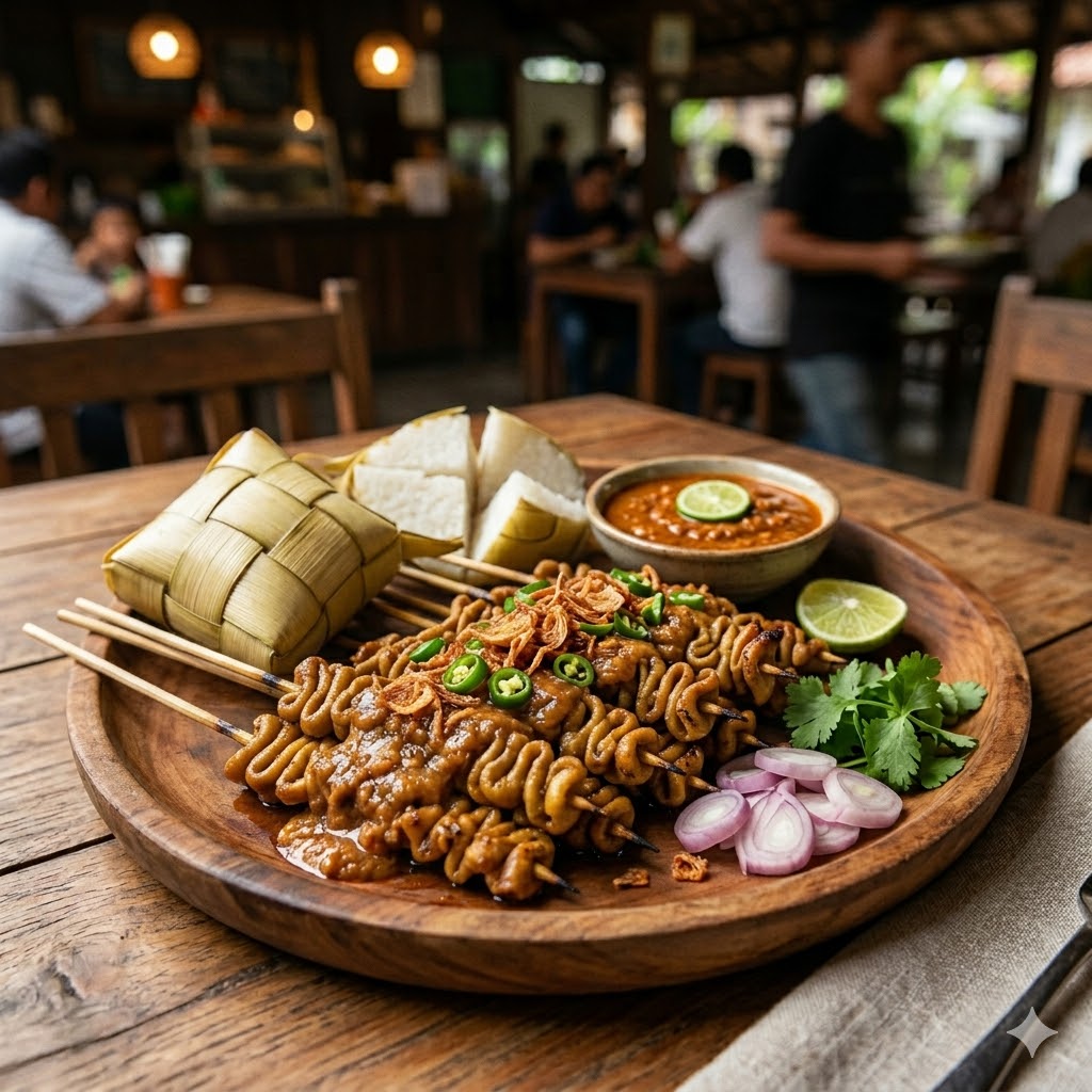 Sate usus padang dengan kuah kental dan lontong